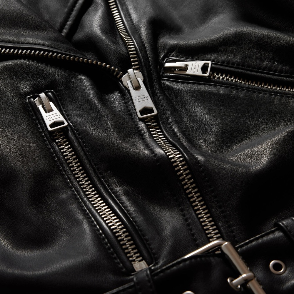 All Saints Black Balfern Belted Hem Leather Biker Jacket Size 2 - Picture 10 of 13
